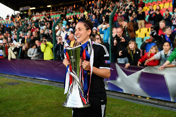 BERLIN, GERMANY - MAY 14:  Veronica Boquete of 1. FFC Frankfurt celebrates with the trophy after the UEFA Women's Champions League Final between 1. FFC Frankfurt and Paris St. Germain at Friedrich-Ludwig-Jahn Sportpark on May 14, 2015 in Berlin, Germany.  (Photo by Dennis Grombkowski/Bongarts/Getty Images)