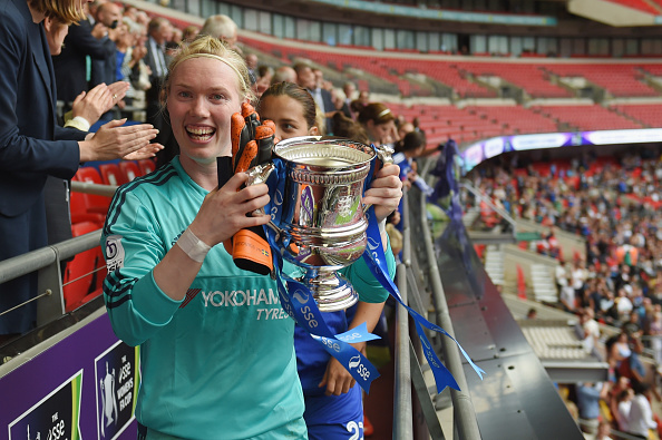 LONDON, ENGLAND - AUGUST 01:  Hedvig Lindahl of Chelsea celebrates with the trophy after the FA Cup Final match between Chelsea Ladies and Notts County Ladies at Wembley Stadium on August 1, 2015 in London, England.  (Photo by Michael Regan - The FA/The FA via Getty Images)