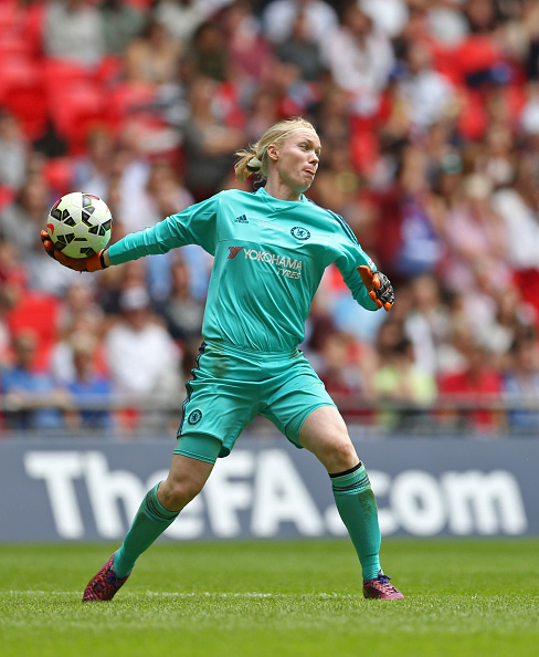LONDON, ENGLAND - AUGUST 01: Hedvig Lindahl of Chelsea Ladies FC throws the ball out during the Women's FA Cup Final match between Chelsea Ladies FC and Notts County Ladies at Wembley Stadium on August 1, 2015 in London, England.  (Photo by Steve Bardens - The FA/The FA via Getty Images)