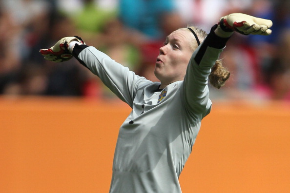 AUGSBURG, GERMANY - JULY 02:  Hedvig Lindahl of Sweden celebrates the 1-0 victory after the FIFA Women's World Cup 2011 Group C match between North Korea and Sweden at FIFA World Cup stadium Augsburg on July 2, 2011 in Augsburg, Germany.  (Photo by Christof Koepsel/Getty Images)