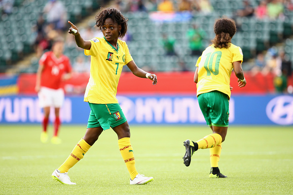 EDMONTON, AB - JUNE 16:  Gabrielle Onguene #7 of Cameroon celebrates her goal against Switzerland during the Women's World Cup 2015 Group C match at Commonwealth Stadium on June 16, 2015 in Edmonton, Alberta, Canada.  (Photo by Maddie Meyer - FIFA/FIFA via Getty Images)